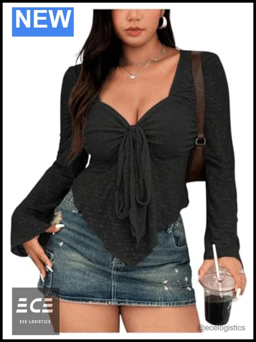 Plus Size V Neck Long Sleeve Bow Tie Crop Top Asymmetrical Hem